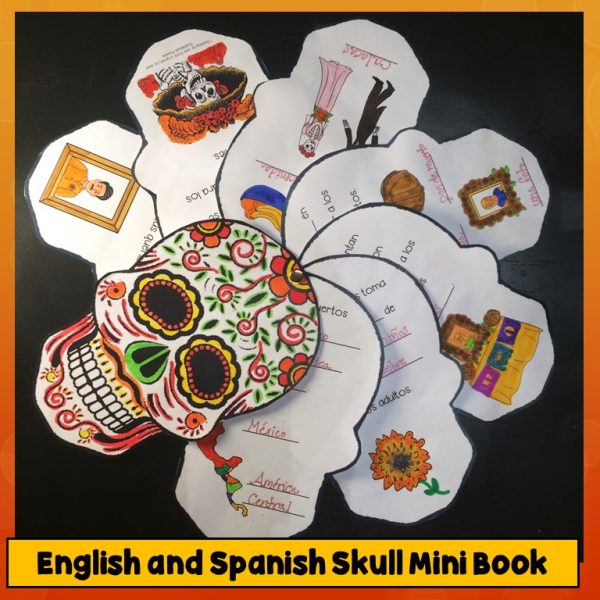 Students practice writing skills with this Day of the Dead Skull Mini Book in English or Spanish