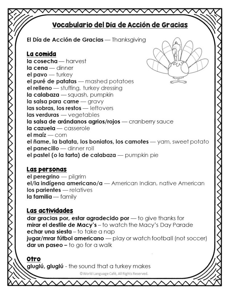 Spanish Thanksgiving Worksheet World Language Cafe