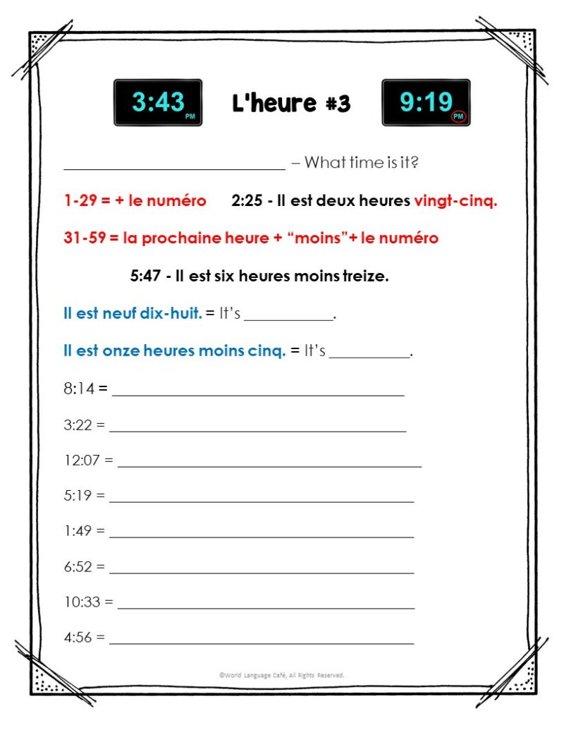 French Time Activities, Lessons World Language Cafe