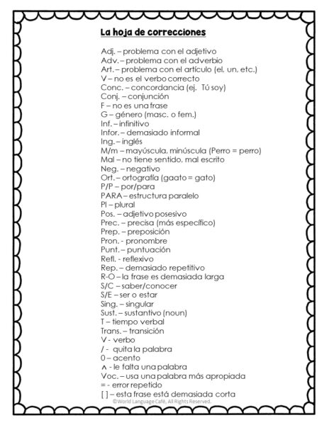 Spanish Correction Symbol Sheet